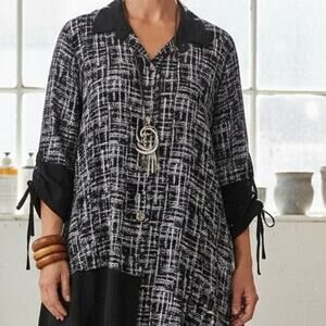 Ali Miles Black White Hash Tag Stripe Ruched Sleeve Artsy Top XL